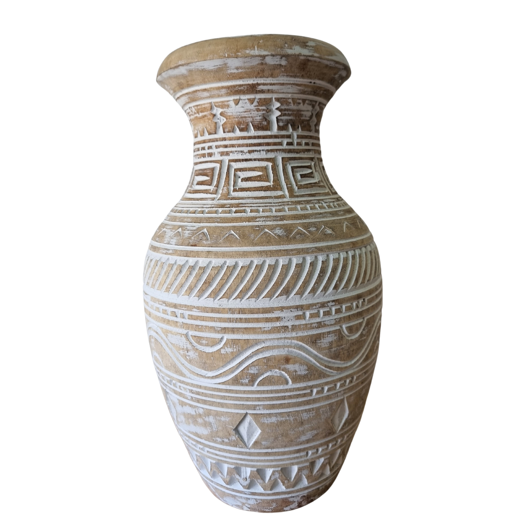 geometric carvings and white matte wash finish, shot from above showing wide flared opening, on a white background
