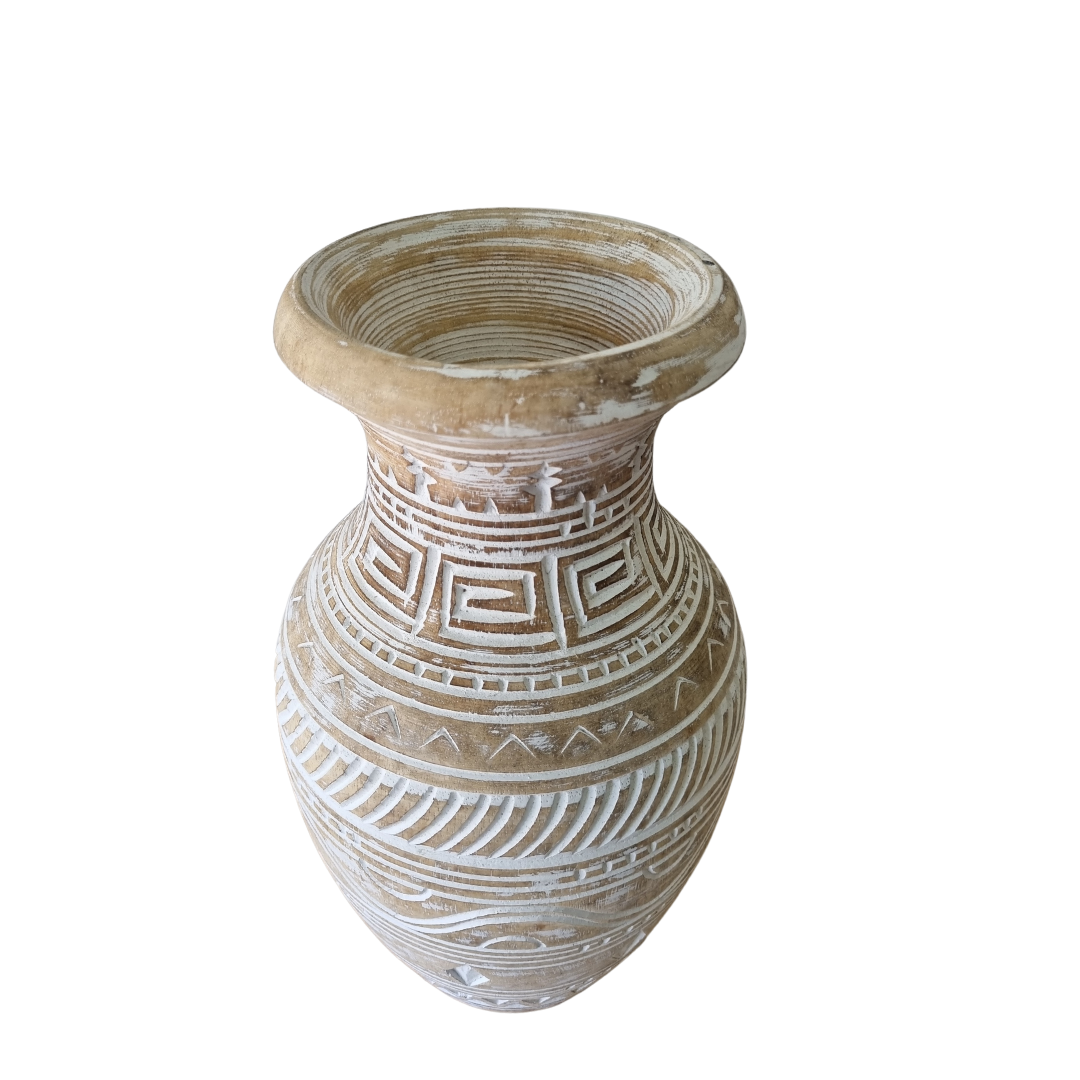 Hand design pot with tribal geometric and white matte wash finish, shot from above showing wide flared opening, on a white background