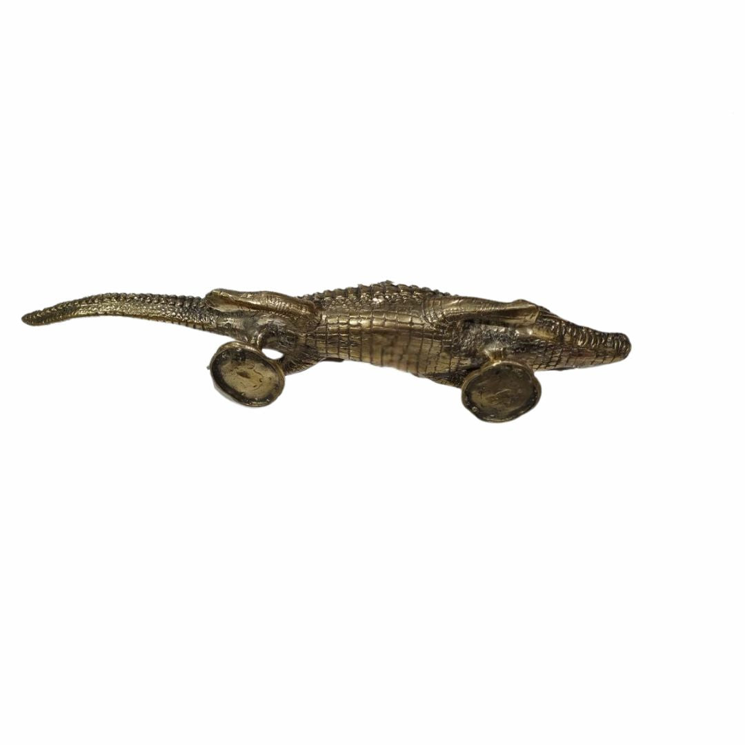 Solid brass crocodile door handle – side view showing mounting plates and bolt fixings – antique gold finish – decorative brass hardware on white background