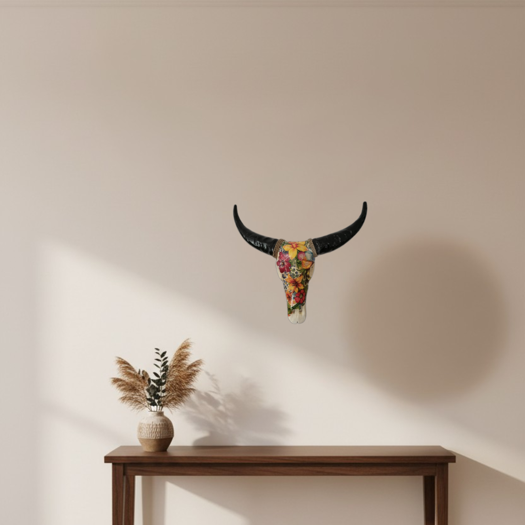 Floral resin bull skull wall decor with vibrant mixed blooms and black horns, 40×40cm, styled above a timber console table with dried botanicals in a warm neutral boho entryway