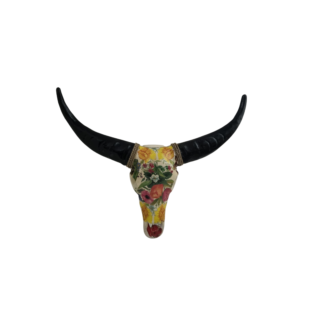 Resin bull skull wall decor with yellow tulip and mixed botanical floral decal design and black horns with jute rope, 45×45cm horn to horn, face 24×13×10cm 
