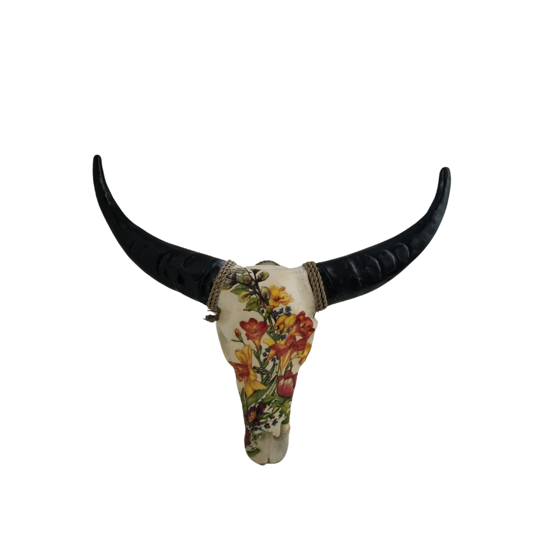 Resin bull skull wall decor with yellow and red freesia floral decal design and black horns with jute rope, 40×40cm — boho wall art 