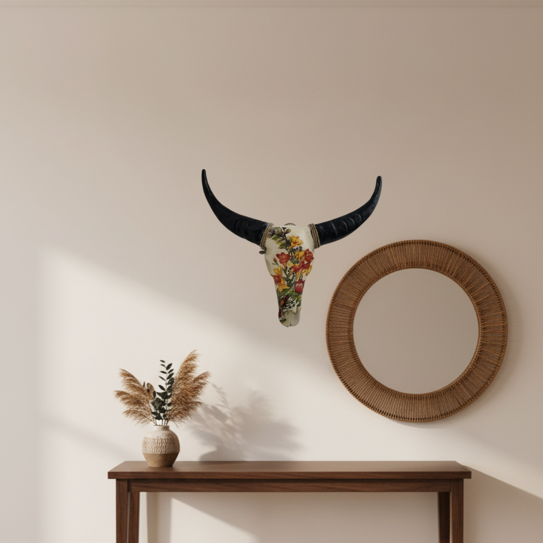 Resin bull skull wall decor with yellow and red freesia floral design and black horns, 40×40cm, styled as statement wall art in a warm boho hallway