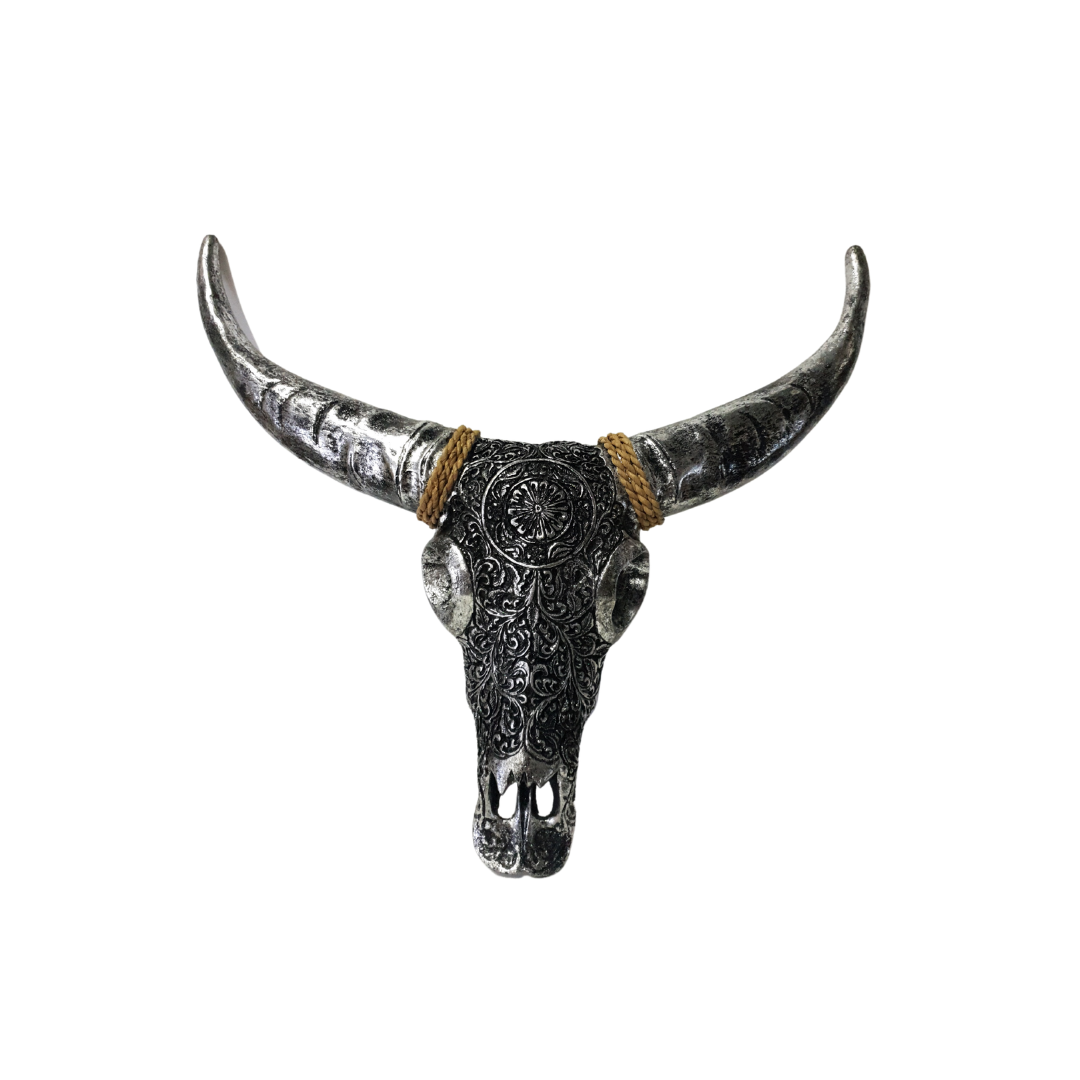 Handcrafted resin bull skull wall art with intricate mandala engraving and metallic silver finish, large silver horns with jute rope hanger, 45×25×10cm — boho luxe wall décor