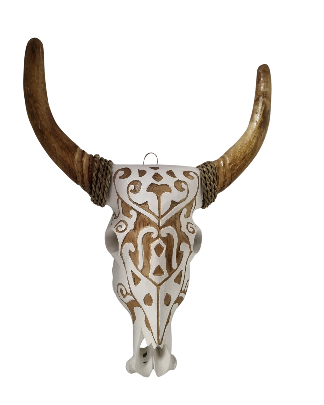 Long-horned decorative piece with dark tips on a white background