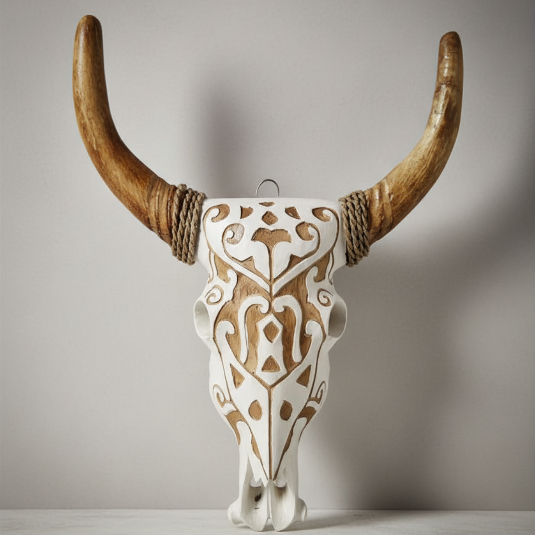 Decorative piece with intricate patterns and large horns on a plain background