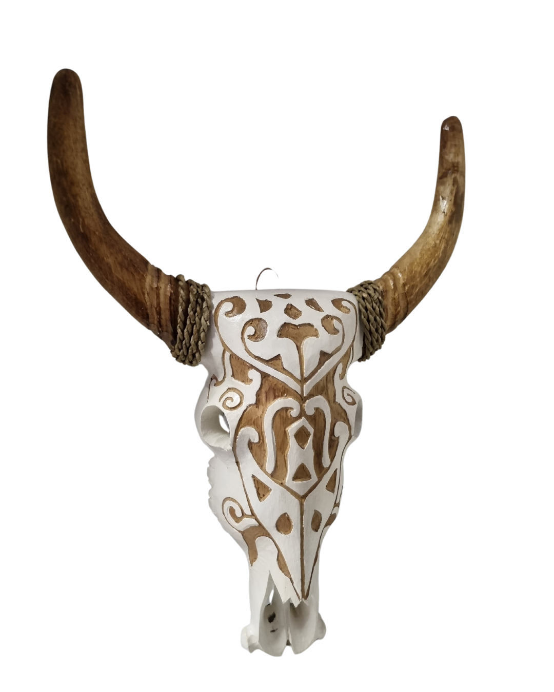 Long-horned decorative piece in whitewash finish on a white background