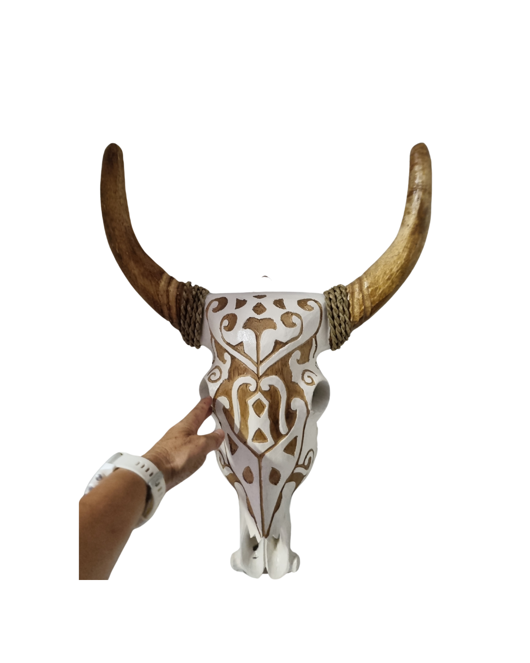Bull Skulls Wooden Carvings – tribal patterned piece with rope-wrapped horns on white background