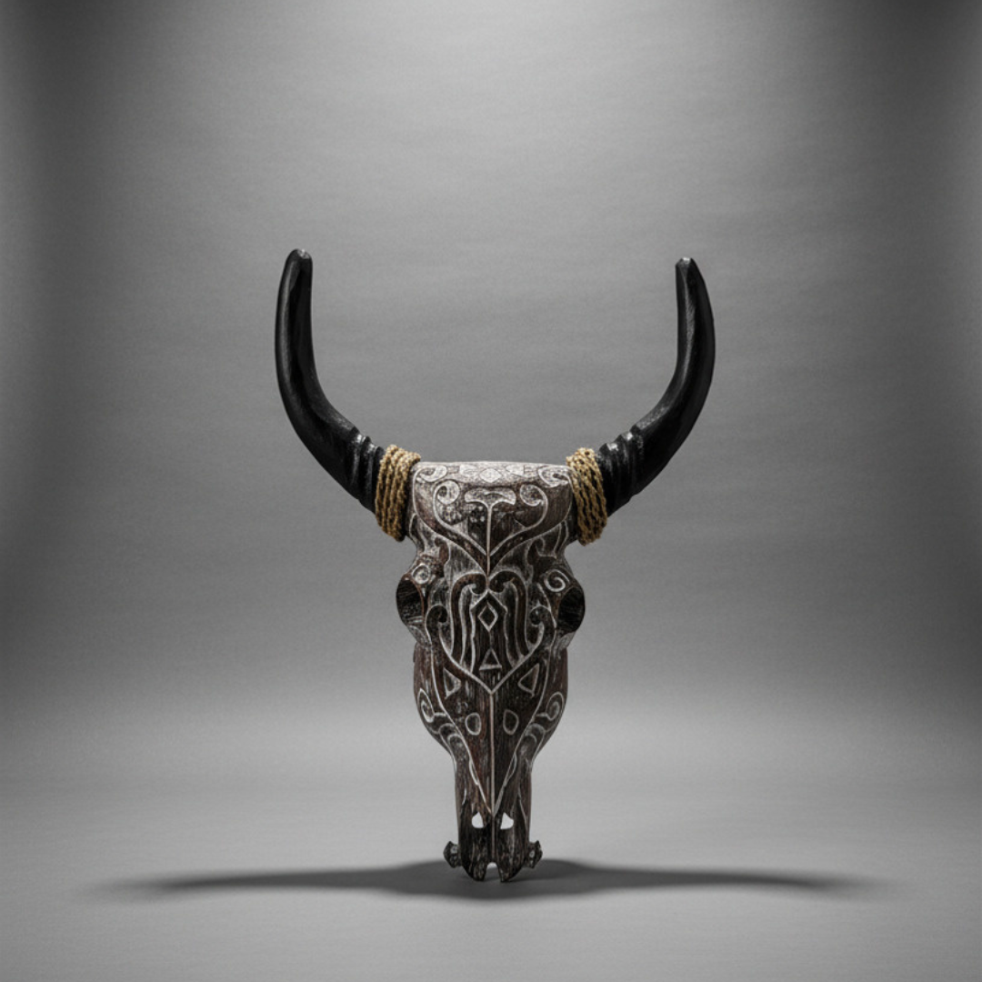 Bull Skulls Wooden Carvings – brown wash tribal pattern with dark horns, studio shot