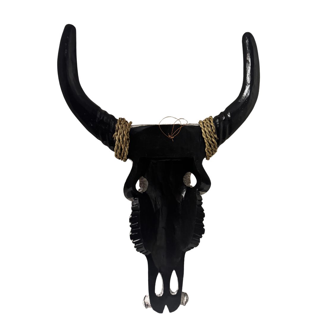 Back view showing large horns and rope wrapping on a white background