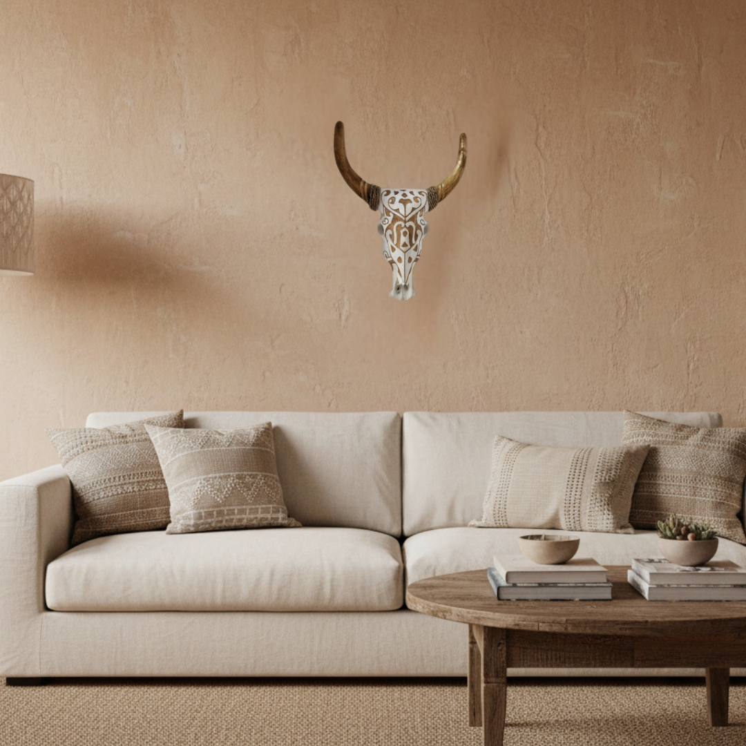 Tribal patterned piece with white face and natural brown horns displayed in a modern living room