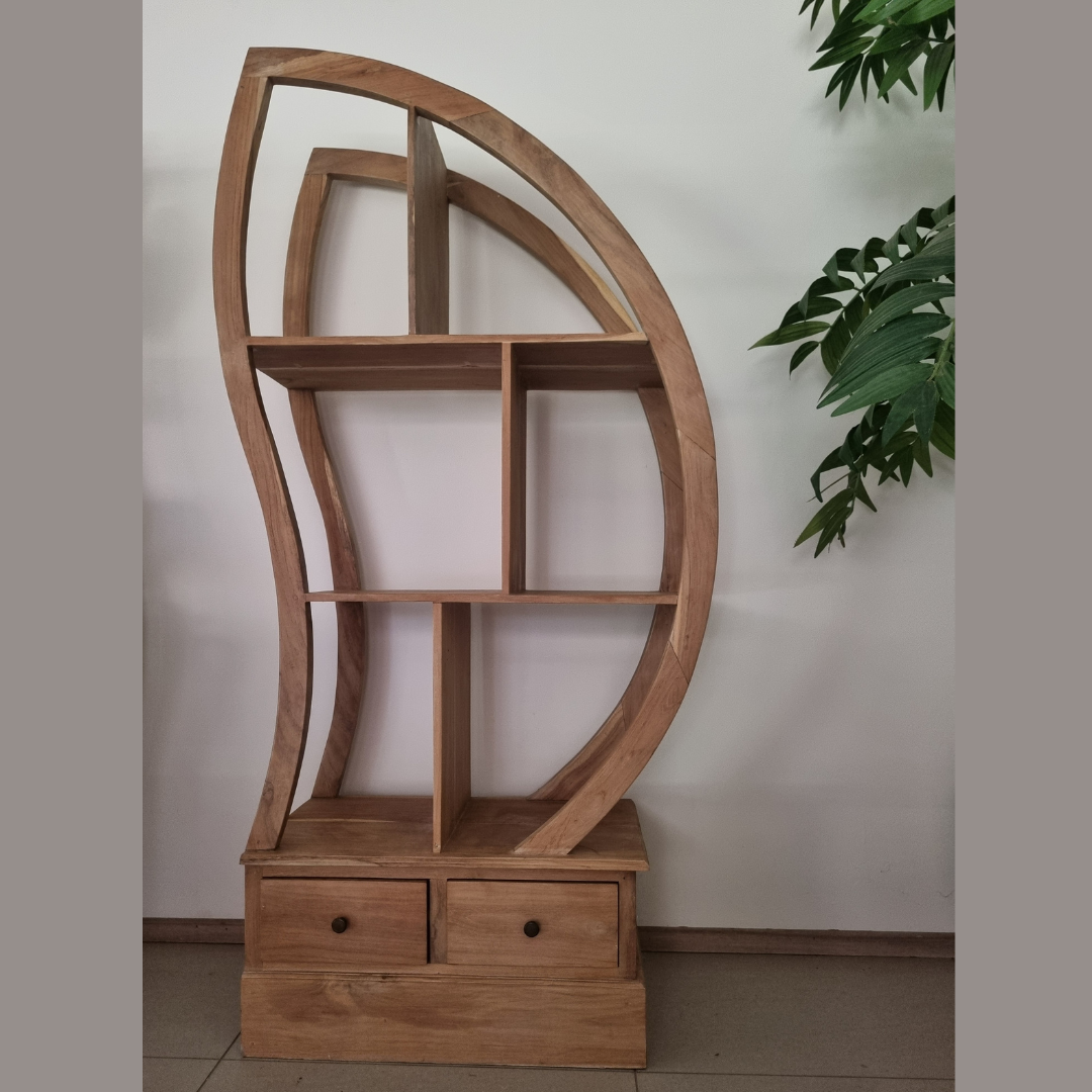 Modern timber display cabinet half circle left facing empty shelves natural timber finish