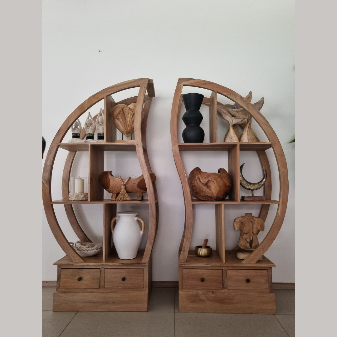 Modern timber display cabinet half circle left and right facing styled side by side
