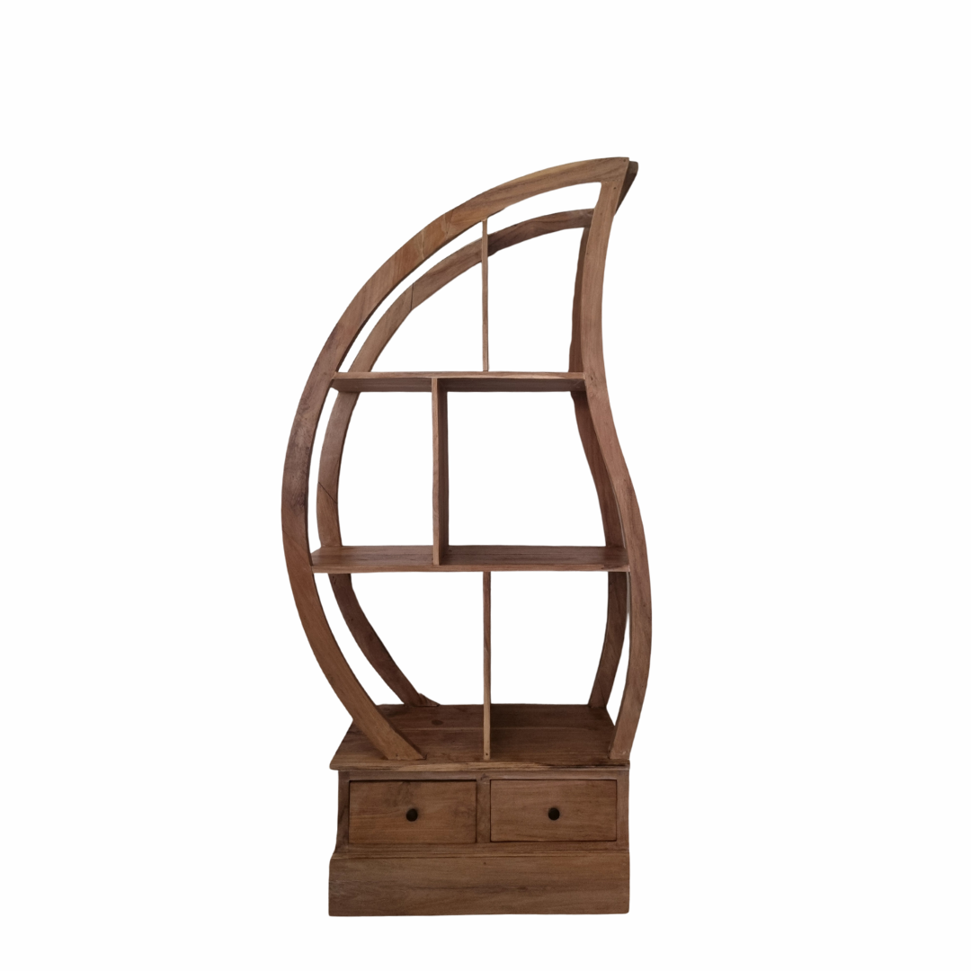 Wooden bookshelf with curved design on a white background