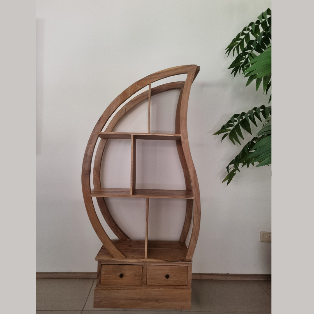 Modern timber display cabinet half circle right facing empty shelves natural timber finish