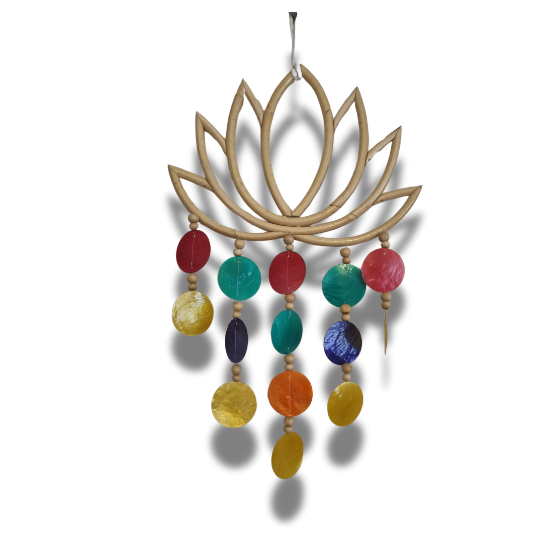 Multicolour Capiz shell wind chime hanging against white background, featuring a natural bamboo lotus frame with red, teal, blue, orange and yellow shell discs strung on five strands with wooden beads