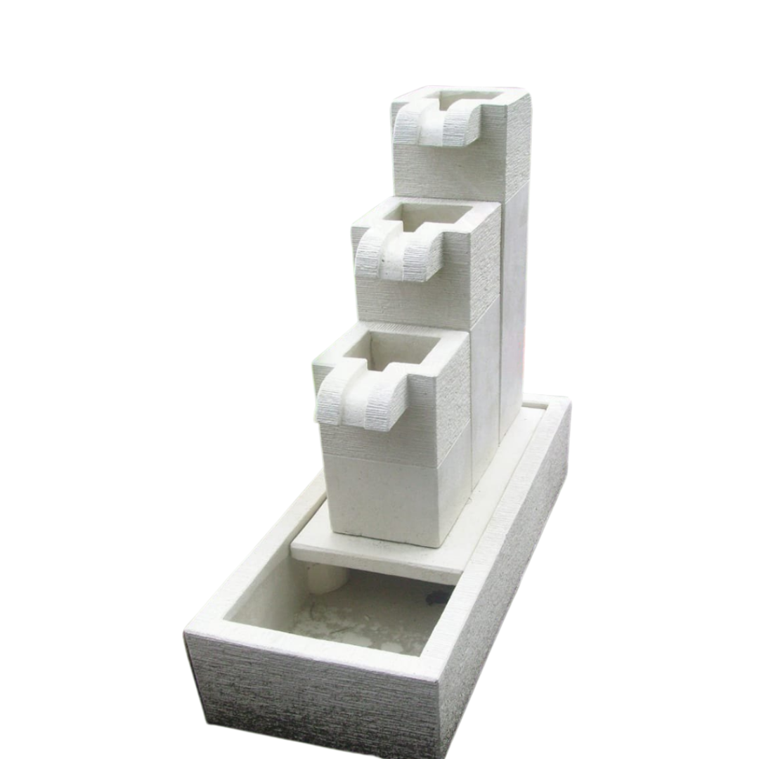 White concrete water fountain with three tiers on a white background