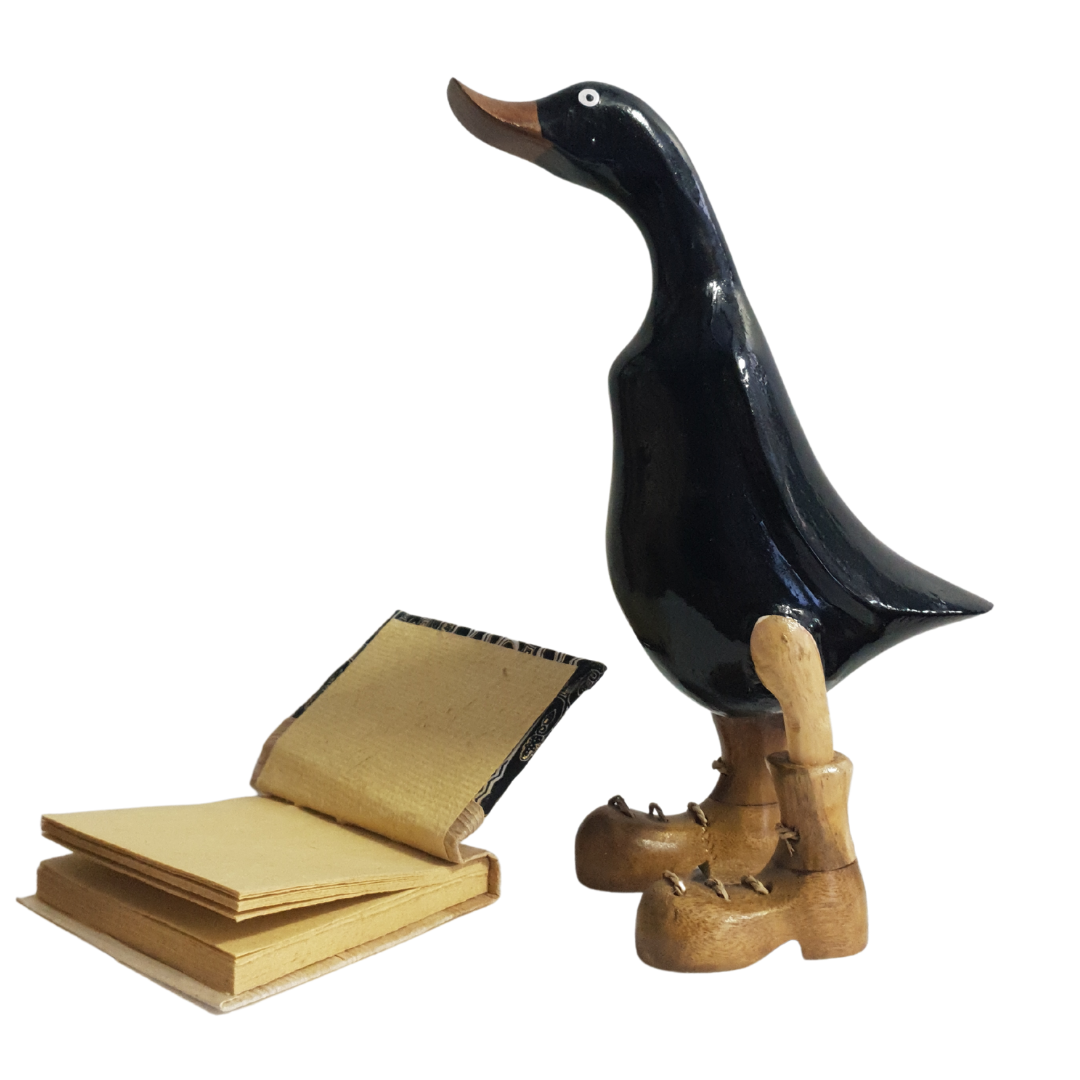 angle view of the figurine witha a banana leaf style book 