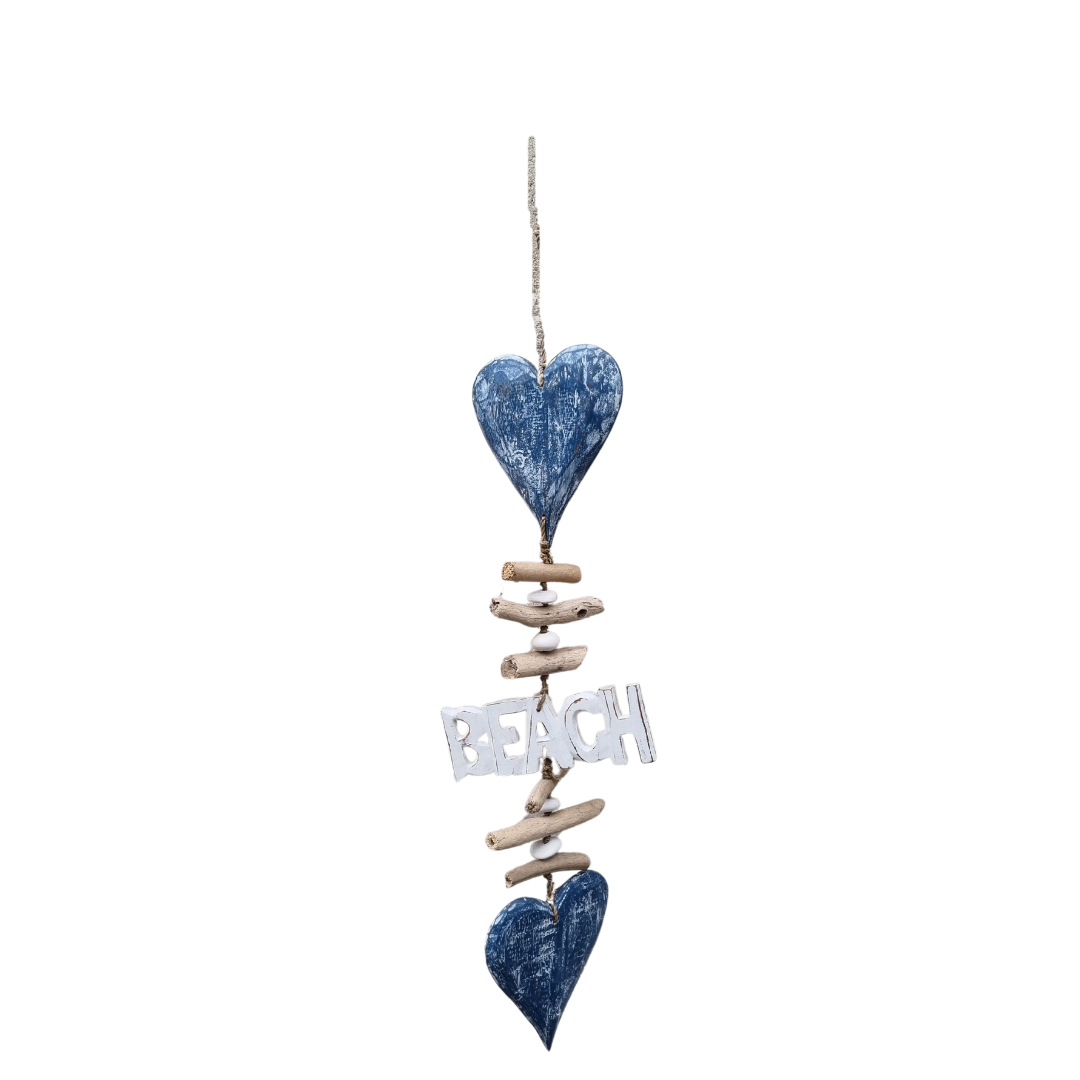 Coastal Beach Driftwood Heart Chimes – blue colourway, hand-carved heart shapes with driftwood accents, BEACH lettering, and jute rope on white background