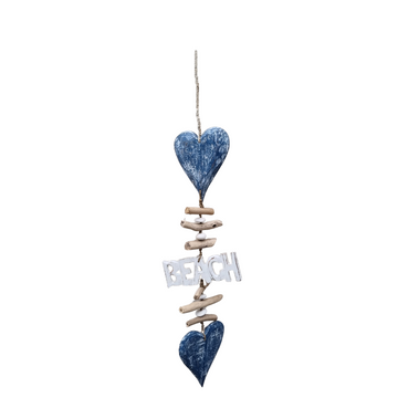 Coastal Beach Driftwood Heart Chimes – blue colourway, hand-carved heart shapes with driftwood accents, BEACH lettering, and jute rope on white background