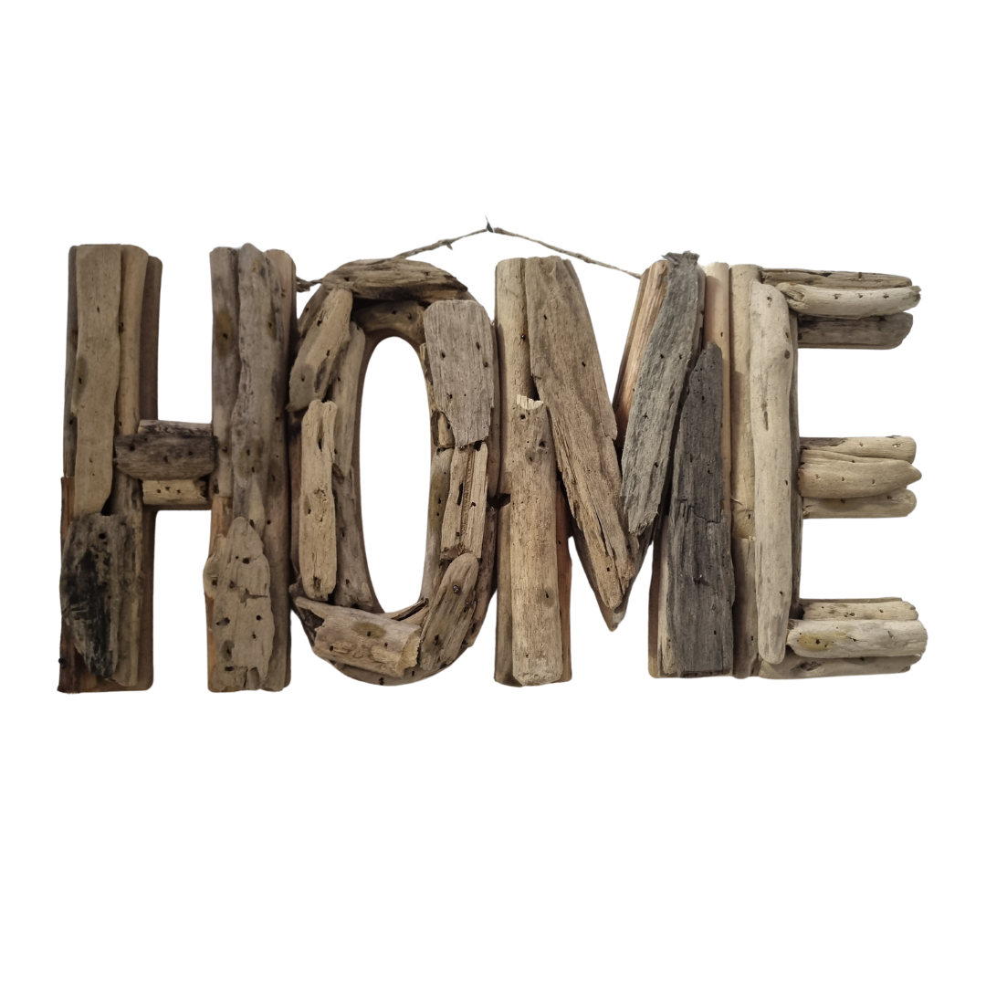 HOME driftwood wall sign — handcrafted natural driftwood letters on wire hanger, 40x20cm — rustic coastal home decor by Azure Decor