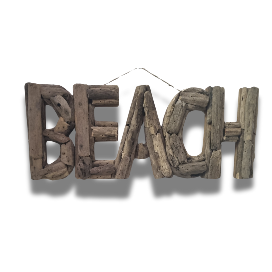 BEACH driftwood wall sign — handcrafted natural driftwood letters on wire hanger, 50x20cm — coastal rustic wall art by Azure Decor