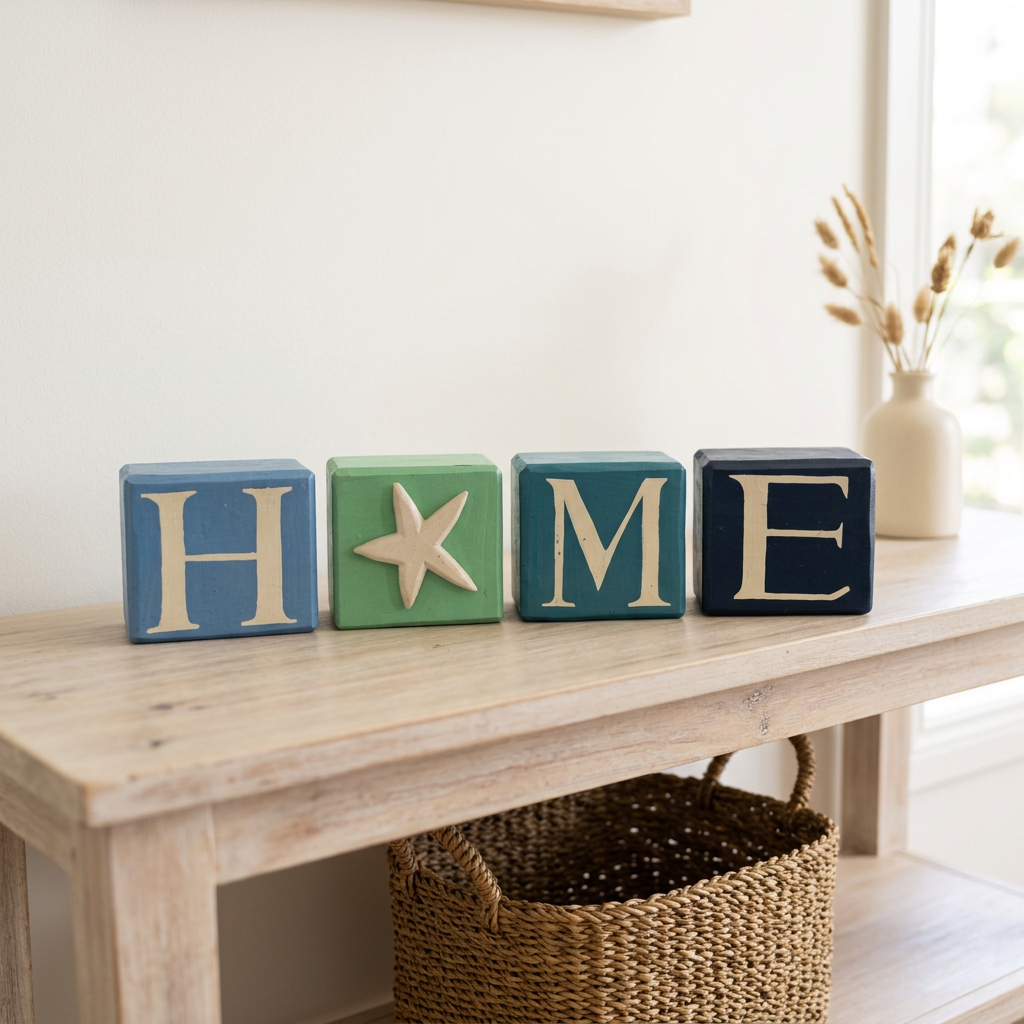 White background, blocks separated
“Four individual painted squares spaced apart on white, featuring cream H, M and E letters and a raised starfish.