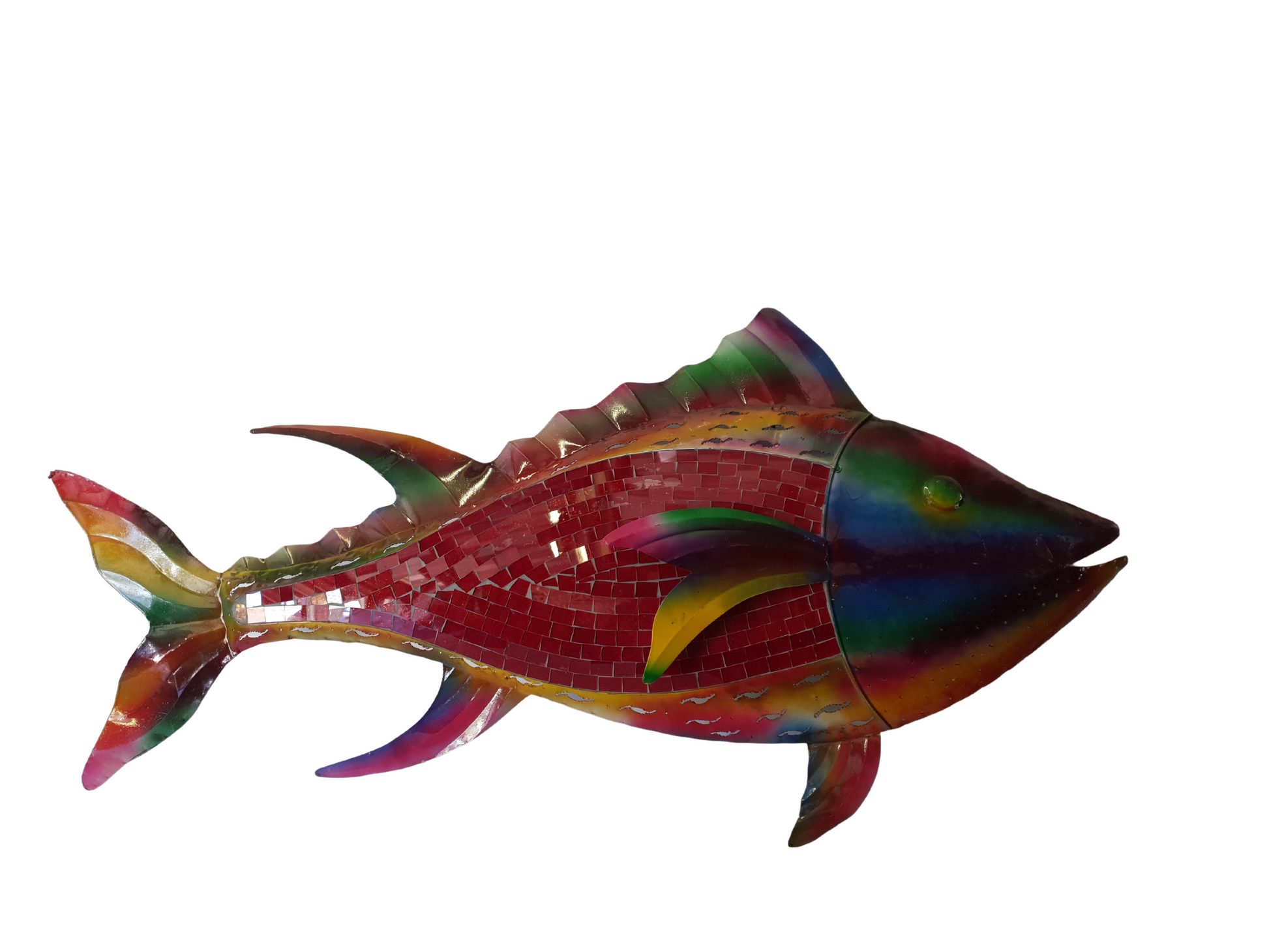 Colorful fish-shaped mosaic sculpture on a white background