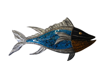 A wall art decoration of a tuna fish made from blue and silver mosaic tiles with a silver metal finish.