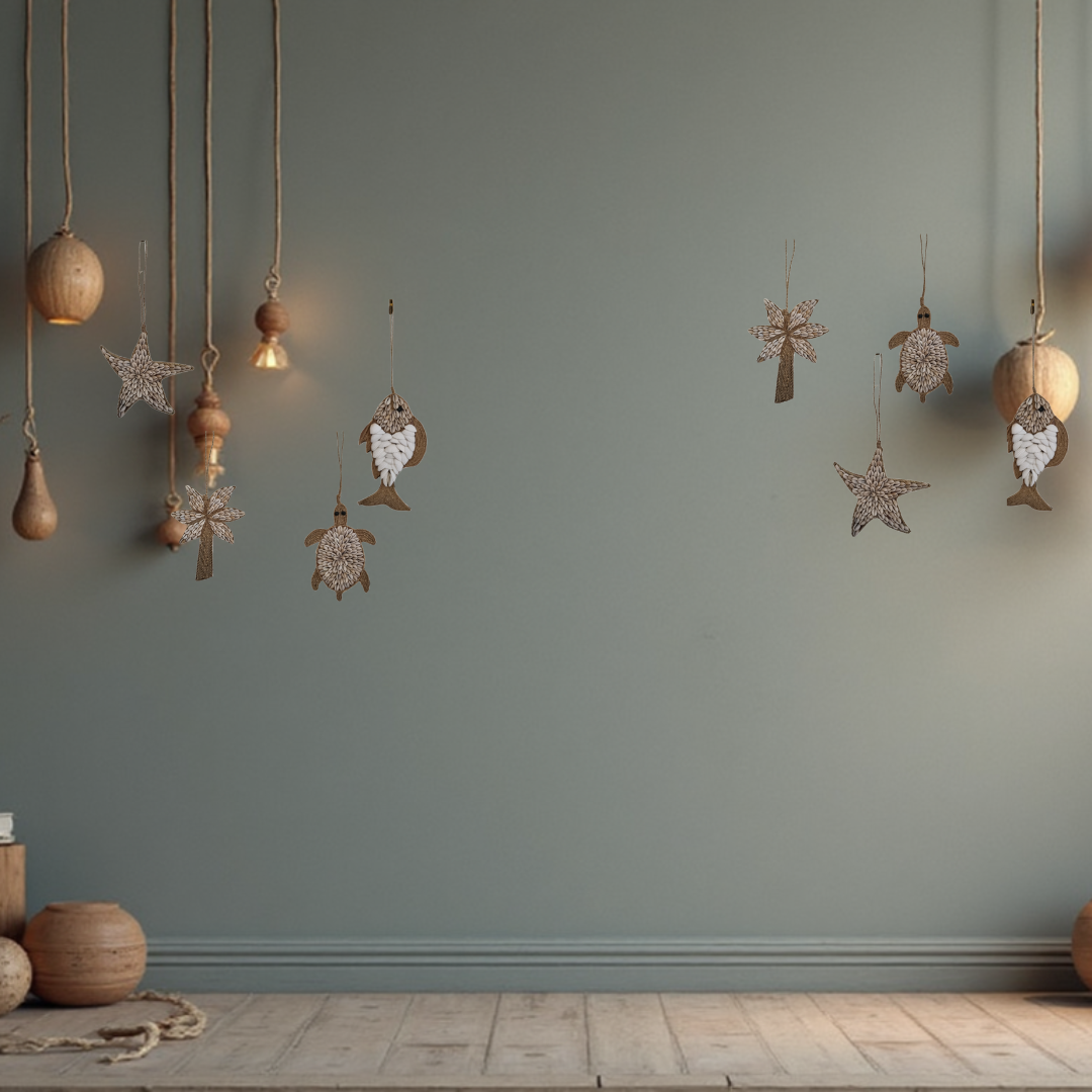 Coastal Shell Garland – All four styles displayed on wall with timber floor