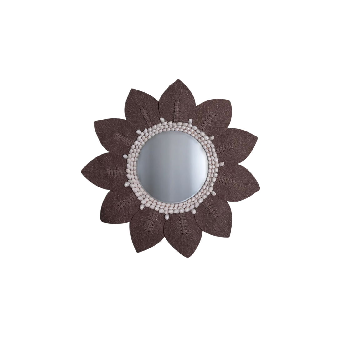 Brown macramé leaf wall mirror with white shell bead surround – handcrafted boho coastal décor Australia
