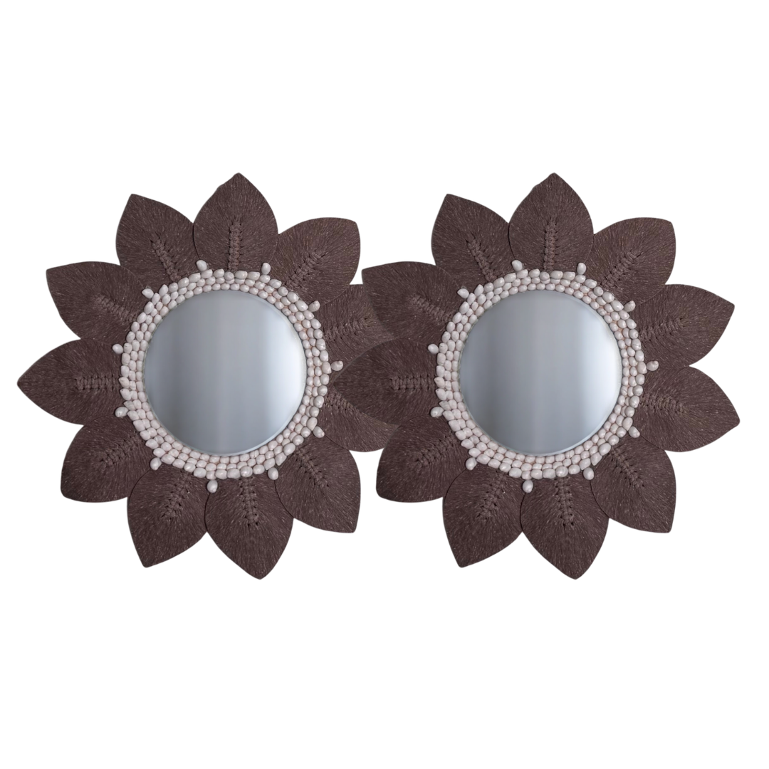 two Brown macramé leaf wall mirror with white shell bead surround – handcrafted boho coastal décor Australia