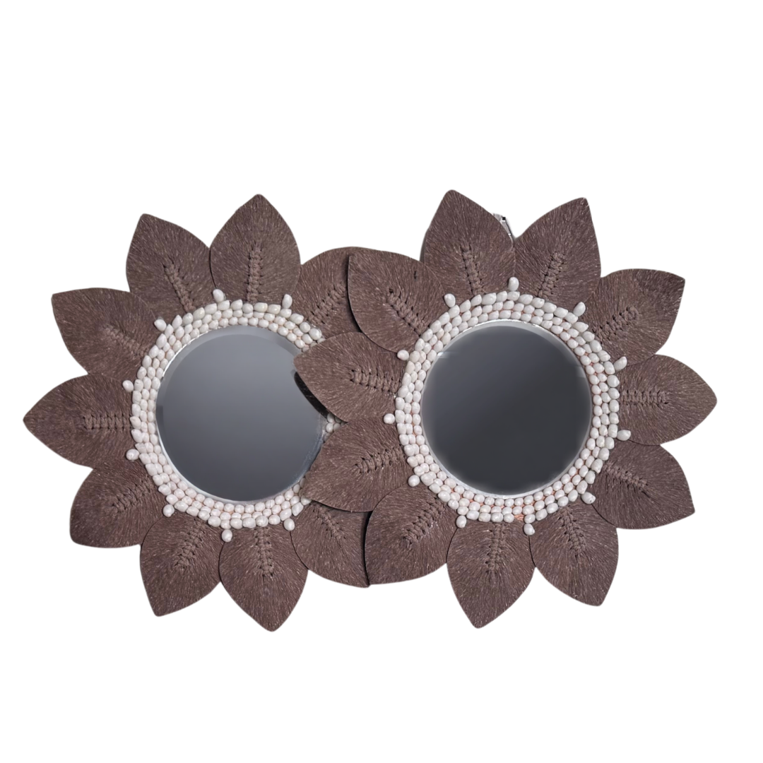 Two Brown macramé leaf wall mirror with white shell bead surround – handcrafted boho coastal décor Australia