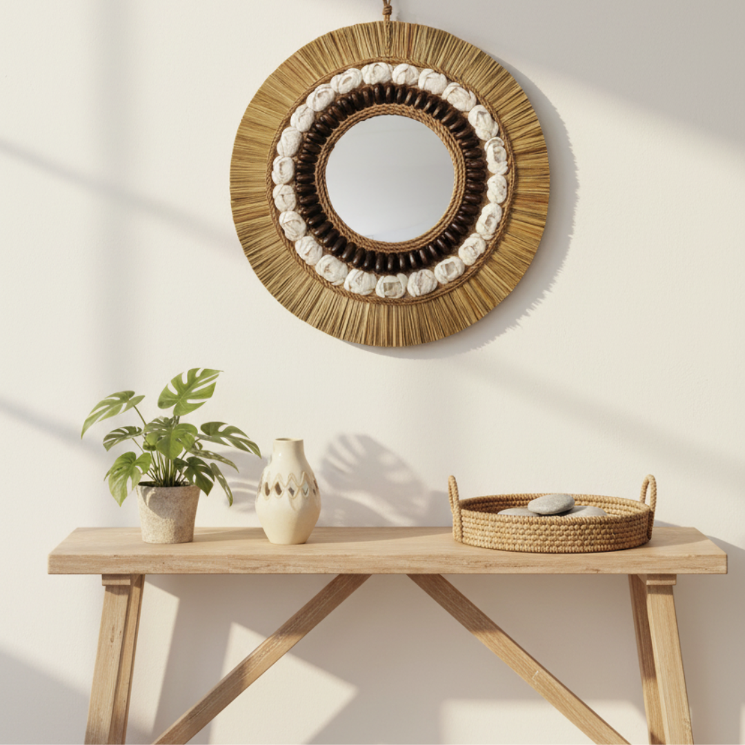 Round coastal boho wall mirror with natural seagrass raffia fringe, white cowrie shells and dark shell, styled above a timber console table with monstera plant, ceramic vase and woven tray in a bright coastal boho entryway — handcrafted coastal boho home decor by Azure Decor