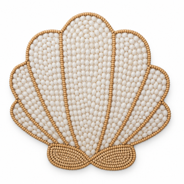 Coastal Shell Wall Hanging in a scallop shell shape, with white and cream shells and natural beige beadwork on a white background.