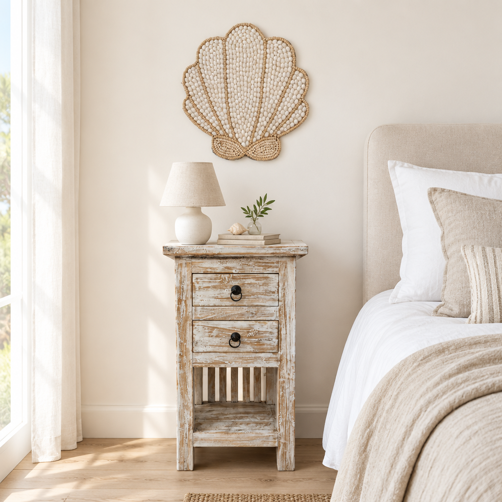 Scalloped ivory and beige decoration above a whitewashed teak bedside table, with a cream lamp and neutral linen bedding