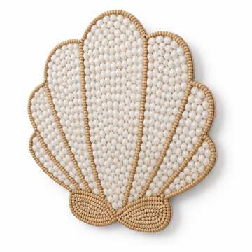 Angled view of a scalloped decoration showing raised ivory mosaic pieces, tan bead edging and a slim profile