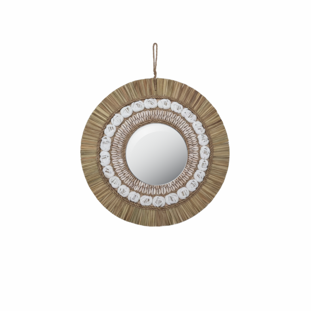 Coastal shell mirror with a natural-fibre border, pale shell details and a hanging loop on a white background