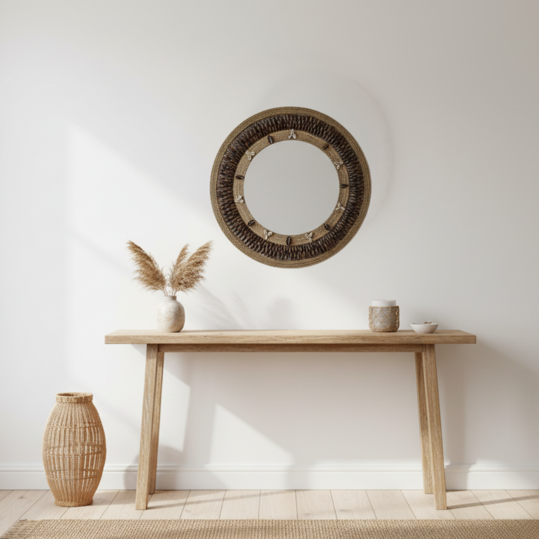 Wooden console table with decorative items against a white wall