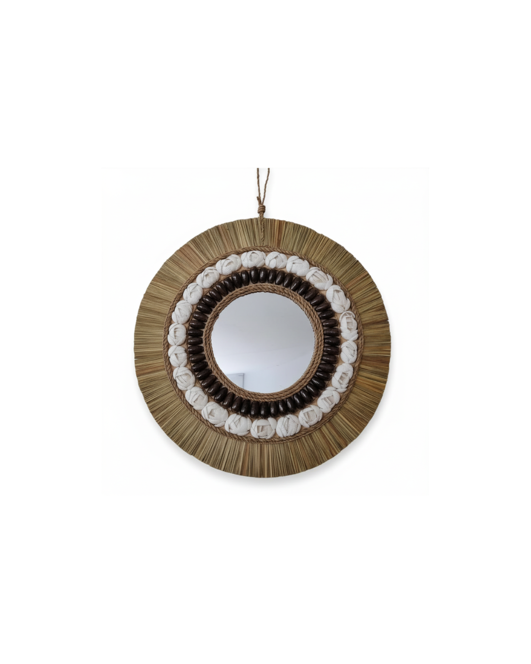 Round mirror with decorative frame on a white background