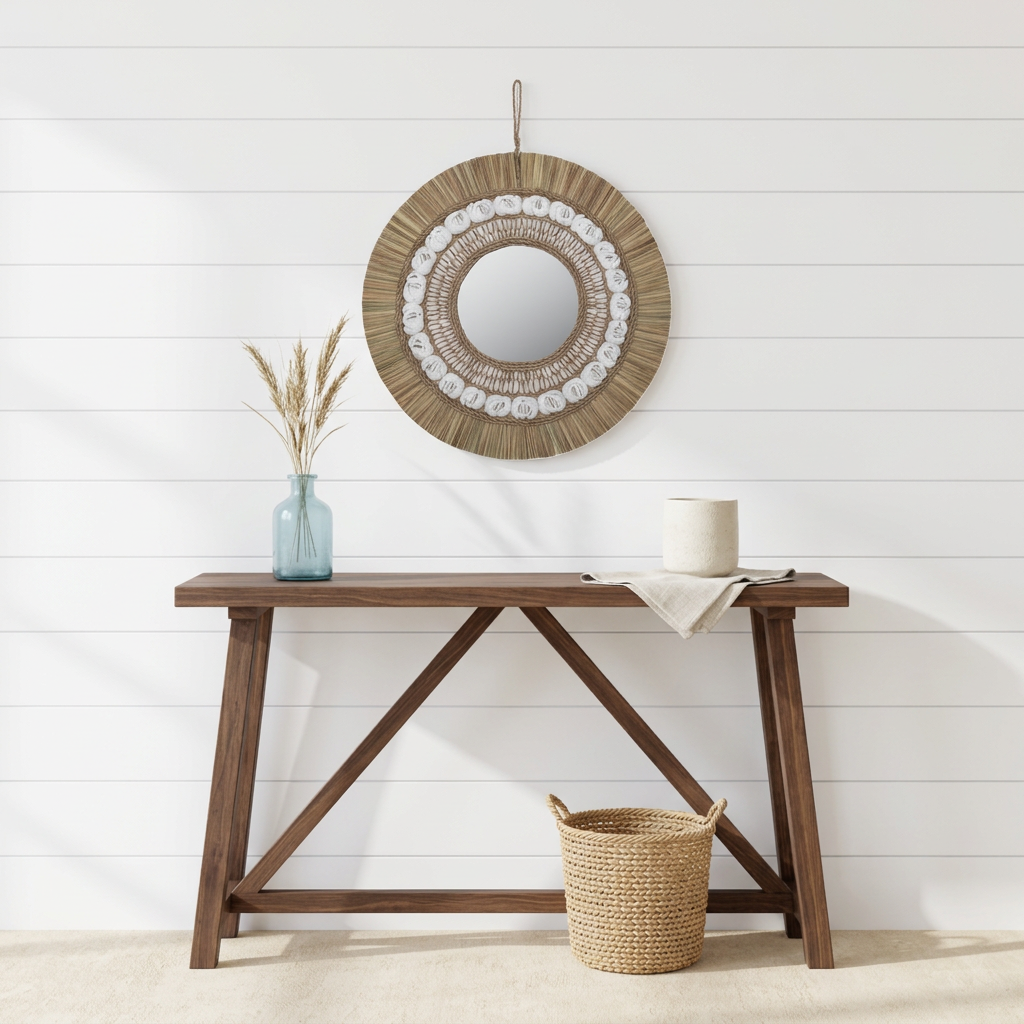  Wall Hanging decor set in a coastal home with a slim wooden console table with a glass vase and bowl 