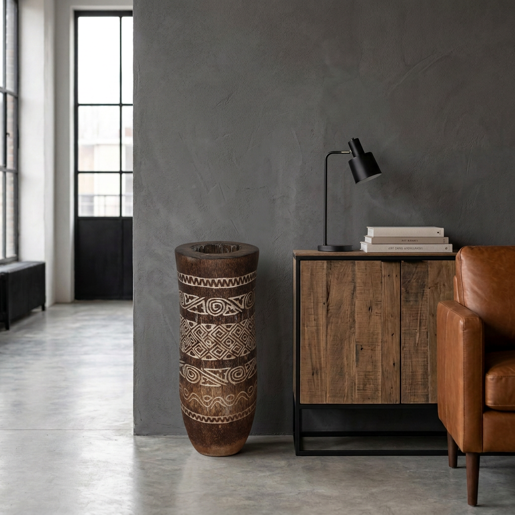 Dark brown floor vessel with pale geometric patterns beside a timber and black metal cabinet and tan leather chair