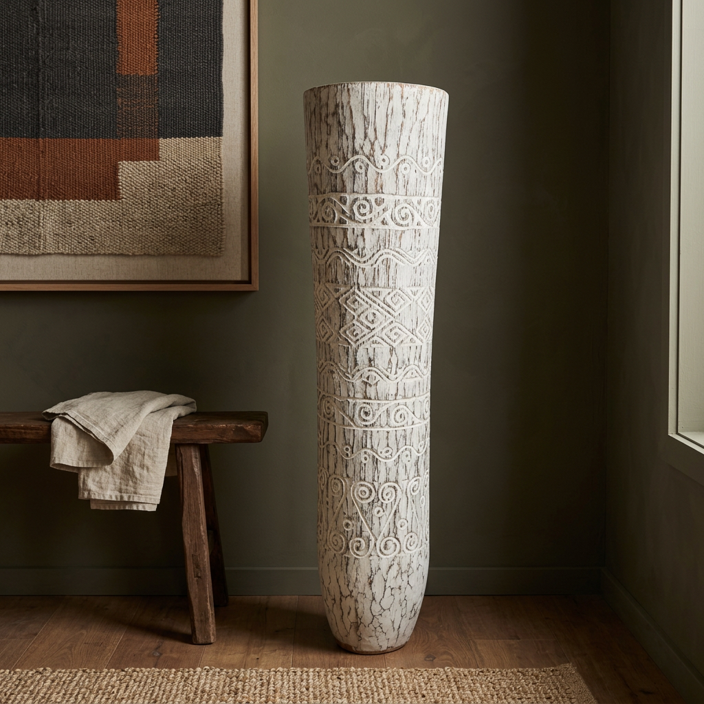 Whitewashed floor vessel with spiral patterns beside a dark timber cabinet, cream chair and black reading lamp