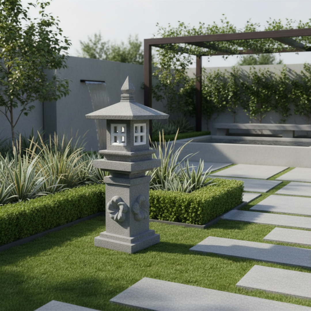 Classic style garden lantern in grey concrete positioned on a lawn beside a stepping stone pathway in a contemporary outdoor garden with clipped hedges and ornamental grasses