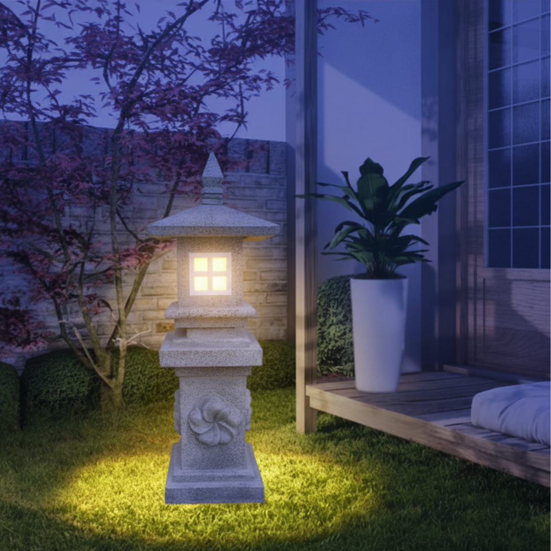 Concrete pagoda lantern illuminated at dusk on a lawn beside a timber deck, casting a warm golden glow through the square light opening with a Japanese maple and tropical foliage in the background