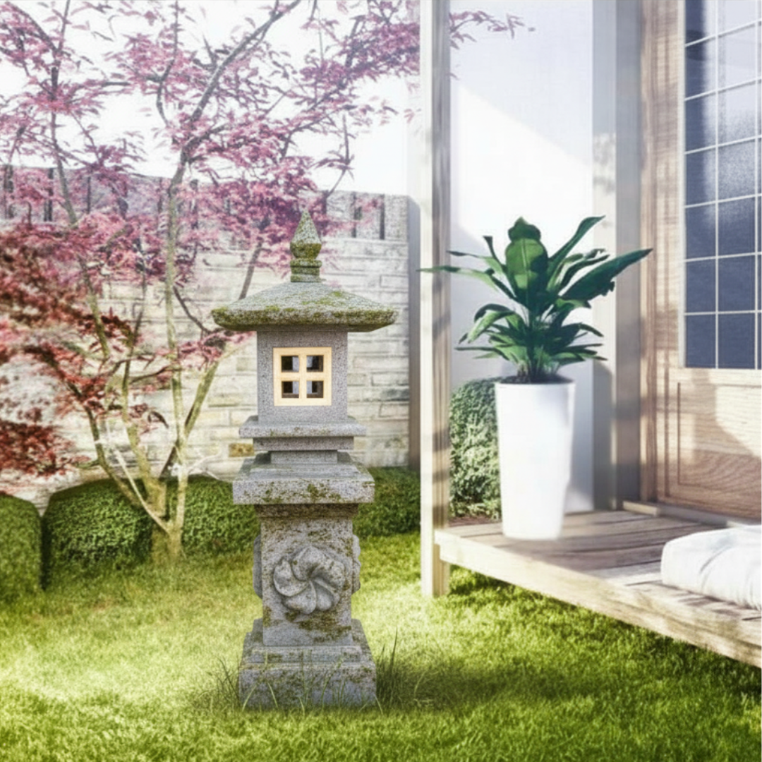Weathered concrete pagoda lantern with moss-covered cap and carved spiral column detail, styled on a lawn beside a timber deck with a Japanese maple and tropical potted plant