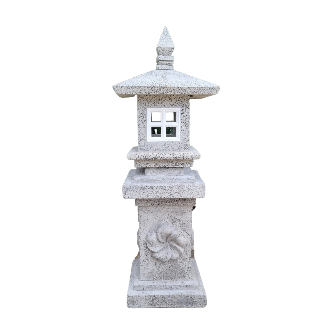 Garden Lantern Classic Style in light grey concrete — pagoda form with carved spiral column, square light opening and pointed finial on white background
