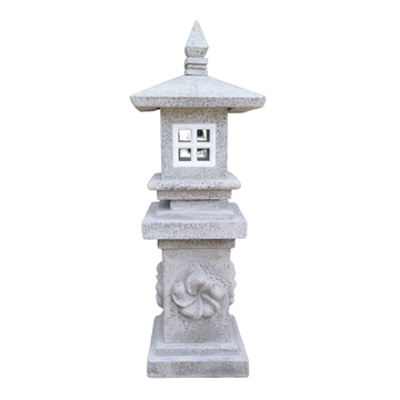Concrete garden lantern in grey — classic pagoda form with wide tiered eaves, carved floral column detail and square light opening on white background