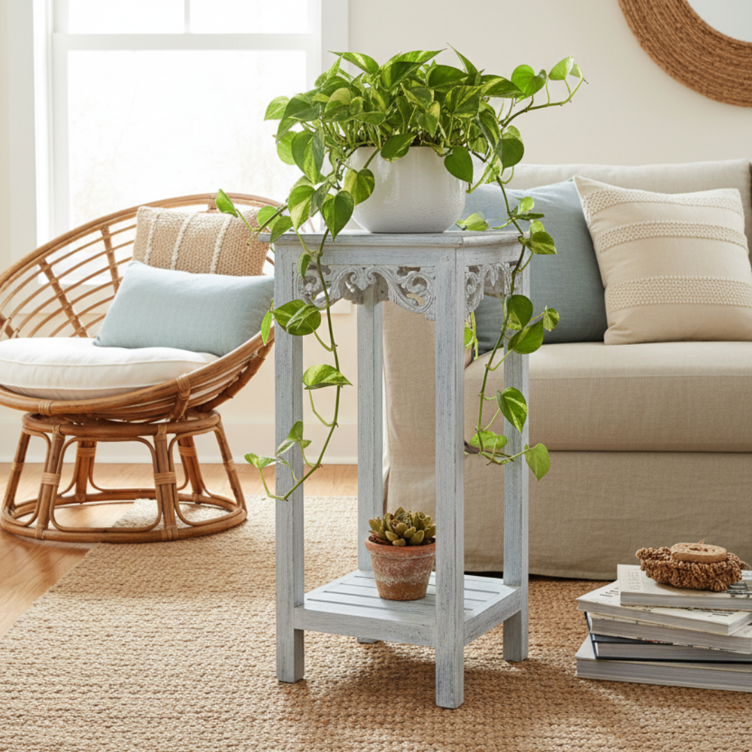 Whitewash timber pedestal stand with carved scroll detail styled in a bright living room, large green houseplant on top and small succulent on the lower shelf | Azure Decor