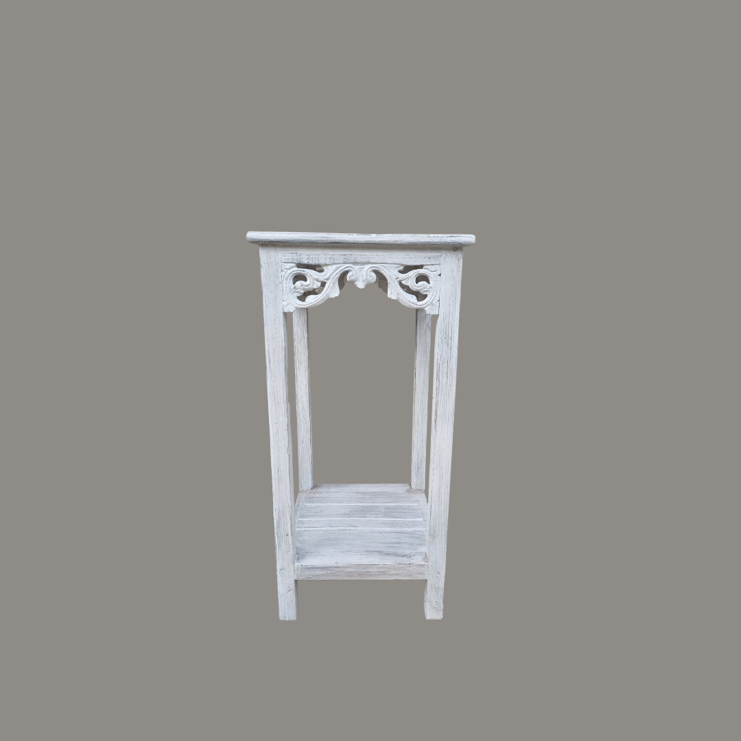 Distressed White Wooden Display Stand – Medium 70cm – carved scroll detail and two-tier shelf, whitewash blue-grey finish | Azure Decor